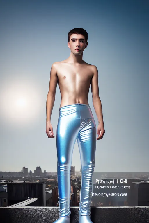 Image similar to un ultra high definition studio quality photographic art portrait of a young man standing on the rooftop of a british apartment building wearing soft baggy inflatable padded silver iridescent pearlescent clothing. three point light. extremely detailed. golden ratio, ray tracing, volumetric light, shallow depth of field. set dressed.