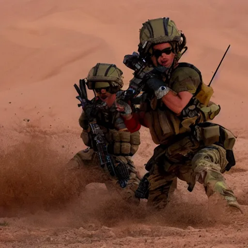 Prompt: special forces muppets fighting in the desert. epic action movie production photograph.