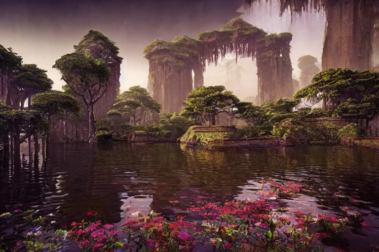 Prompt: photography of a beautiful archipelago of never seen before stunning ancient indian temple and palaces. complex intricate pilars patern, runes. trees water and flowers. afternoon light, inspiring science fiction, intricate, elegant, uplifting, inspirational, unreal engine 5, highly detailed by beksinski