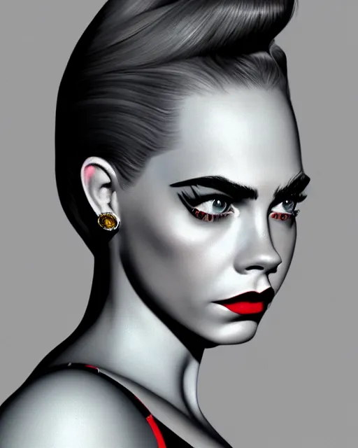 Image similar to closeup profile portrait of a 1 9 5 0 s cara delevigne wearing a bikini, mark ryden, lostfish, max fleischer, hyper realistic, artstation, illustration, digital paint, matte paint, vivid colors, bright, cheerful, detailed and intricate environment