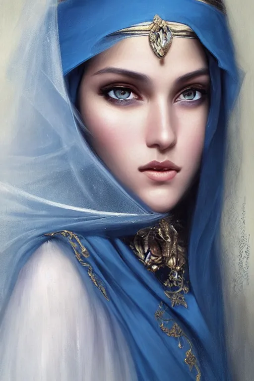 Prompt: arab ameera al taweel, bright blue eyes, long wavy black hair, white veil, front closeup, cinnamon skin color, elegant, highly detailed, centered, oil painting, artstation, concept art by tom bagshaw