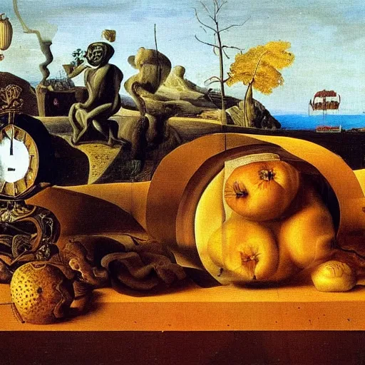 Prompt: WHEN IT FALLS, IT FALLS, still life in the Flemish style and transformed by Salvador Dali with his own additions., highly detailed oil painting, 8k resolution