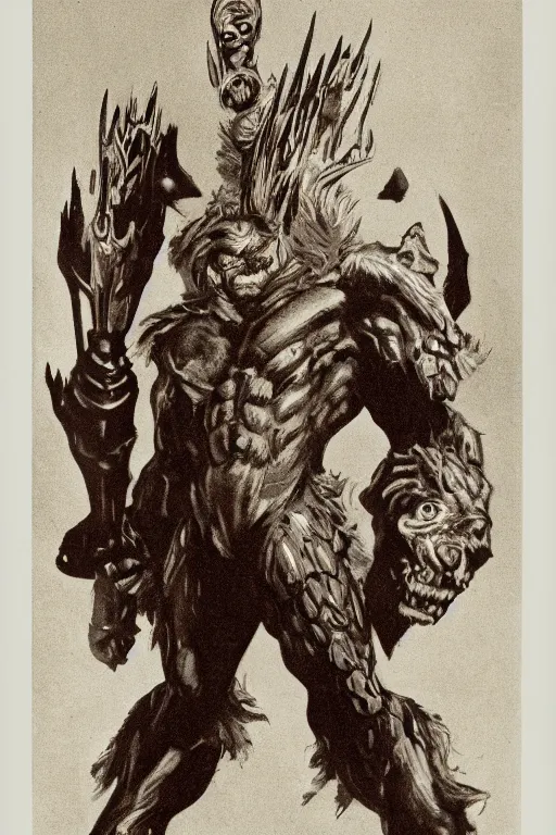 Prompt: beast man from masters of the universe, portrait, full body, symmetrical features, silver iodide, 1 8 8 0 photograph, sepia tone, aged paper, sergio leone, master prime lenses, cinematic