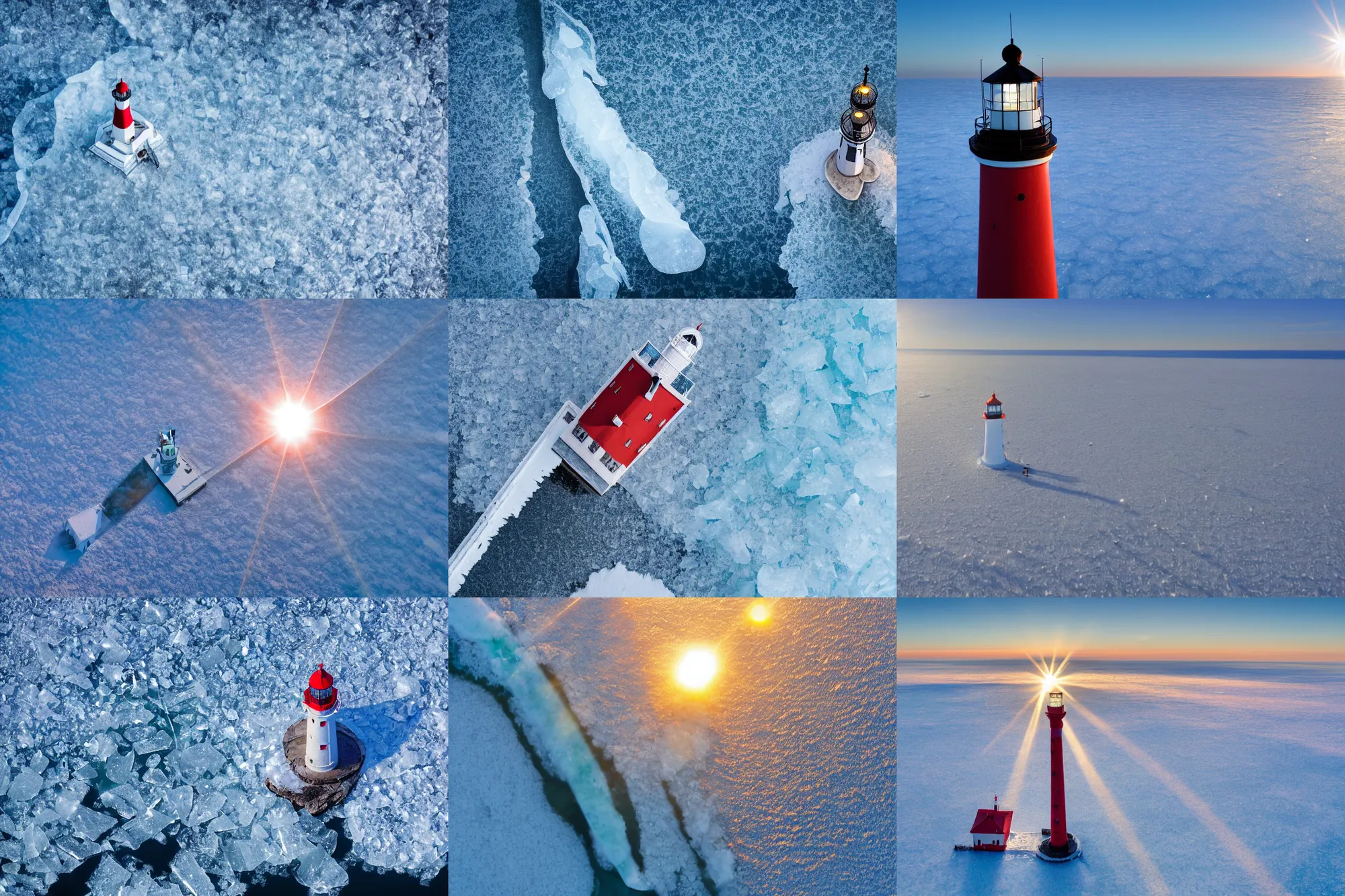 Prompt: lighthouse in a frozen ocean, hd aerial photography, ice in background, lens flare