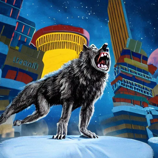 Image similar to a werewolf howling, standing next to a conveyor belt