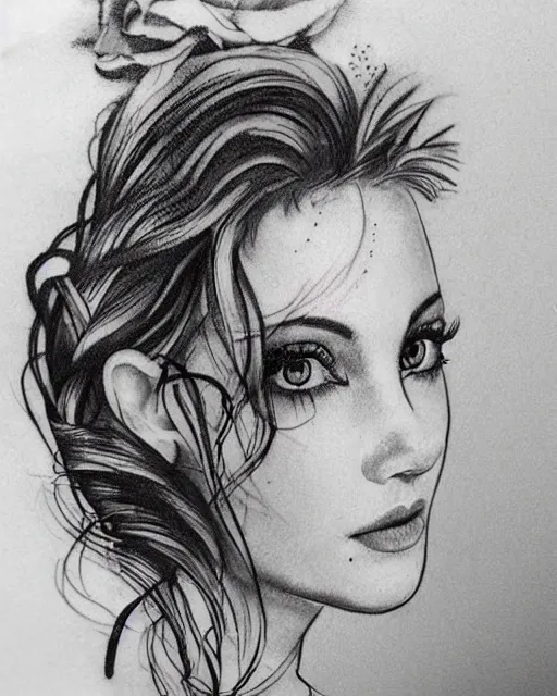 Image similar to tattoo design sketch of a beautiful woman face next to a faded background of beautiful mountains, hyper - realistic, in the style of den yakovlev, amazing detail, black and white