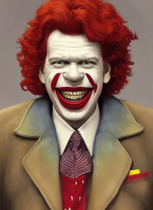 Image similar to portrait of Ronald McDonald in Society (1989), intricate, highly detailed, centered, digital painting, artstation, concept art, smooth, sharp focus, illustration, artgerm, donato giancola, Joseph Christian Leyendecker, WLOP, Artgerm