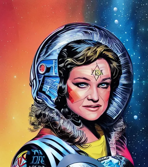 Image similar to portrait of young Tanya Tucker as a female space priestess, by DC comics and Sandra Chevrier