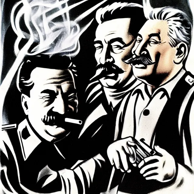 Image similar to stalin and yeltsin in hell drink vodka and smoke cigarettes, scary art in color