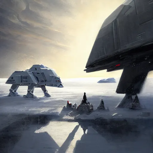 Image similar to a beautiful dramatic painting of arrival of at - ats on hoth by famous artist nasreddine dinet and eugene de blaas and greg rutkowski and artgerm and wlop and george lucs, path tracing, artstation