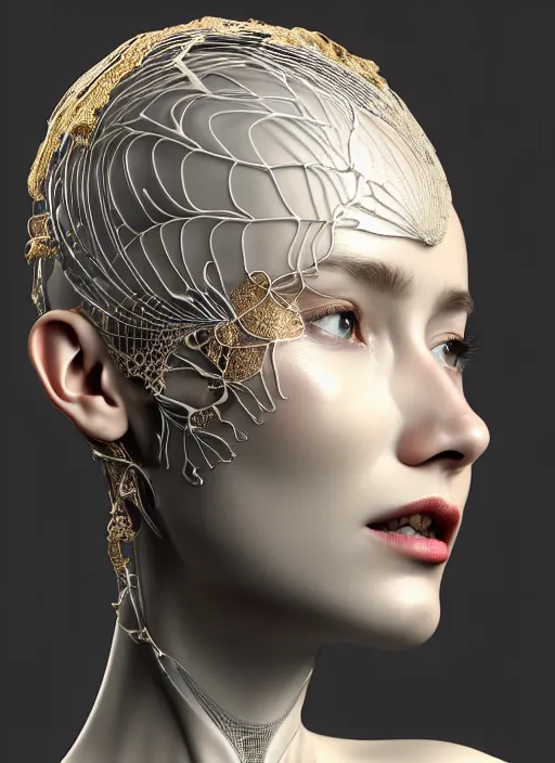 Image similar to complex 3d render ultra detailed of a beautiful porcelain translucent profile woman face, biomechanical ultradetailed cyborg, 150 mm, beautiful natural soft light, rim light, silver gold details, magnolia big leaves and stems, roots, fine foliage lace, maze like, mesh wire, ornate, intricate details, hyperrealistic, mandelbrot fractal, anatomical, red lips, white metal neocubism armor, facial muscles, cable wires, microchip, elegant, octane render, H.R. Giger style, 8k