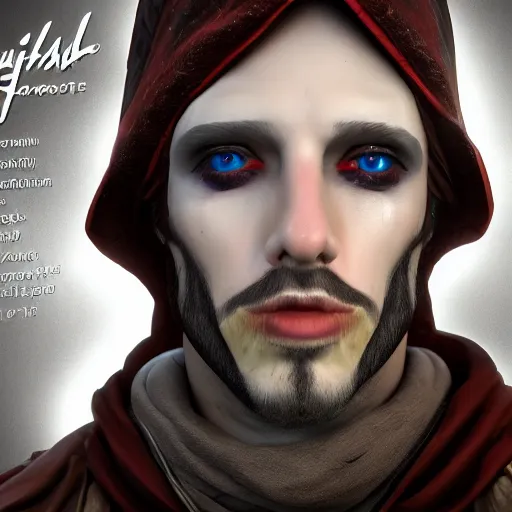 Image similar to a digital art close up portrait of hooded bard in style of d & d character, handsome warlock character sheet, light clown makeup, 4 k, ultra detail, volumetric lighting, unreal engine, octane render, grimdark