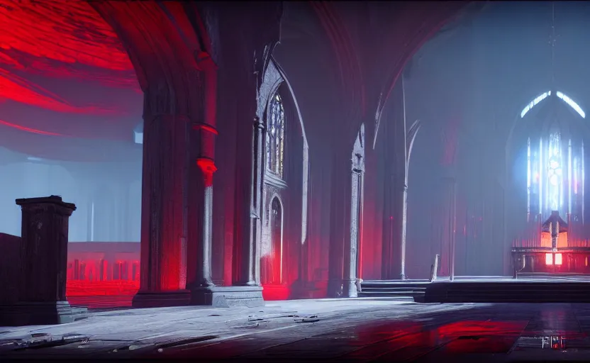 Prompt: symmetrical, ancient church of worship with red shafts of light in destiny 2, foggy, liminal, dark, dystopian, beautiful architecture, abandoned, highly detailed 4 k 6 0 fps destiny 2 expansion promotional poster, reveal image gameinformer