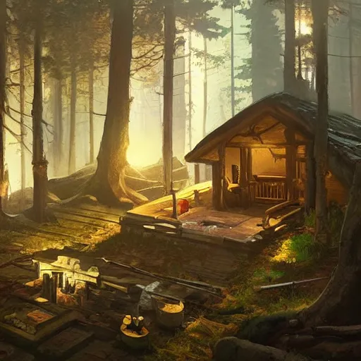 Image similar to concept art of an inside of a cabin in the woods, isometric view, detailed, volumetric lighting, style of greg rutkowski