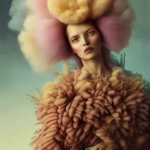 Image similar to brown woman wearing a candyfloss armor. super detailed. layered. textured. award winning. refracted lighting. soft. fragile. by ray caesar. by louise dahl - wolfe. by tom bagshaw. surreal photoraphy