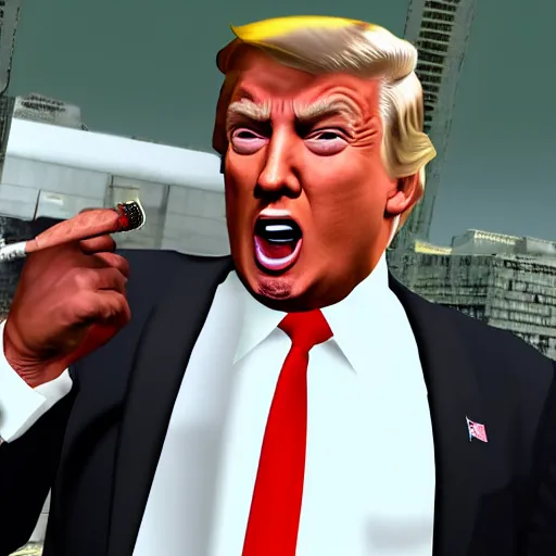 Image similar to gta v closeup Donald Trump holding cigar in his teeth, wearing badly stained white singlet