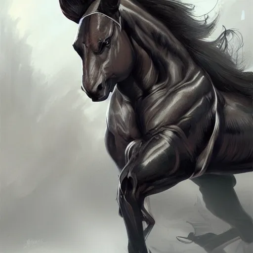 Image similar to an enormously muscular black - coated anthro horse at a research facility wearing skintight body armor, long mane, highly detailed, digital painting, artstation, illustration, art by artgerm, greg rutkowski, wlop