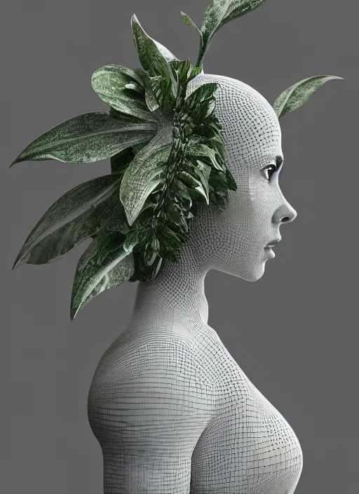 Image similar to complex intricate 3 d render hyper detailed ultra sharp of a cyborg beautiful porcelain woman with big leaves and stems in her hair, overgrown foliage, fungi pores, octane, 8 k,