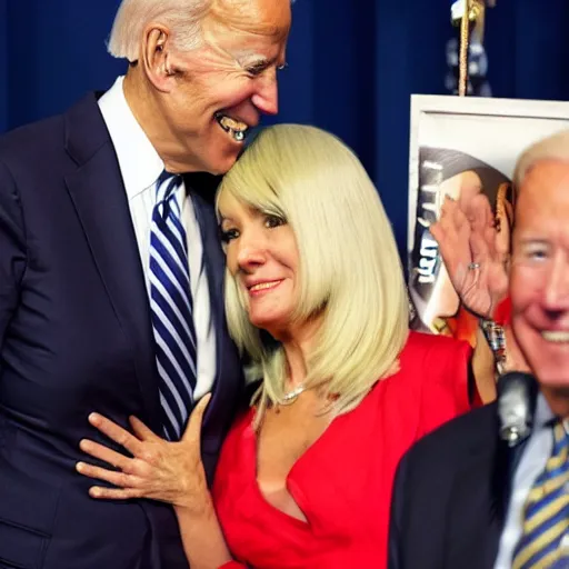 Prompt: photograph of Joe Biden and a gray alien wearing a blonde wig and a red dress, at a press conference
