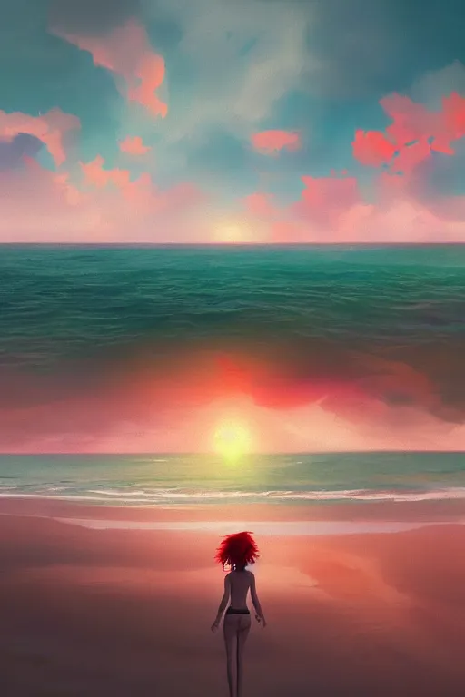 Image similar to red haired girl, green bikini, beach surreal photography, sunrise, dramatic light, impressionist painting, colorful clouds, digital painting, artstation, simon stalenhag raytracing