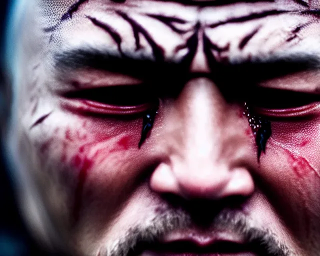 Image similar to justin sun as night king in game of thrones, extreme close - up of crying tears made of magic ice water, crimson - black bee army behind, 4 k, epic, cinematic, focus, movie still, fantasy, extreme detail, atmospheric, dark colour, sharp focus