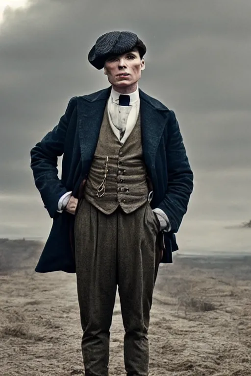 Prompt: Cillian Murphy in Peaky Blinders standing, full-body portrait, arms crossed, dramatic, gloomy