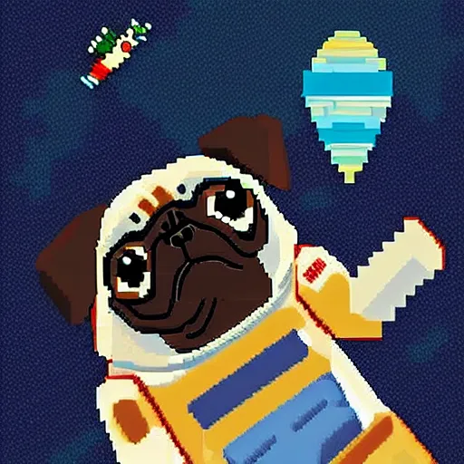 Image similar to pixel art, highly detailed, astronaut pug in space.