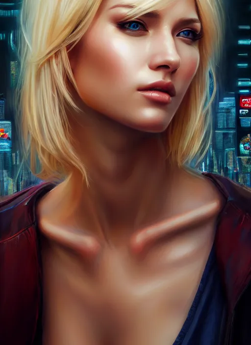 Prompt: photo of a gorgeous blonde female in the style of stefan kostic, realistic, half body shot, sharp focus, 8 k high definition, insanely detailed, intricate, elegant, art by stanley lau and artgerm, cyberpunk city backgeound