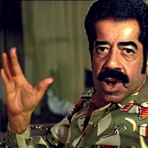 Image similar to A movie still of Saddam Hussein wearing a disco suit in Satuday Night Fever