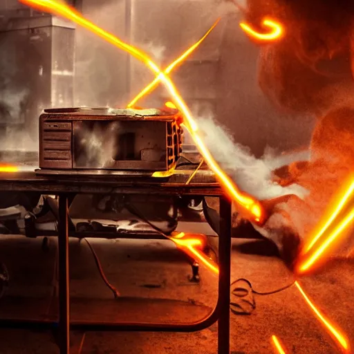 Image similar to cyborg toaster oven repairman, dark messy smoke - filled cluttered workshop, dark, dramatic lighting, orange tint, sparks, plasma rays, cinematic, highly detailed, sci - fi, futuristic, movie still