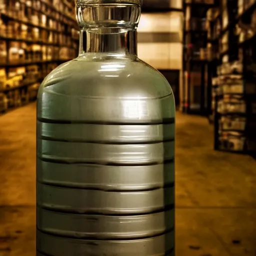 Prompt: an award - winning photo of a translucent glass vodka bottle in the shape of a propane cylinder in a grungy warehouse, dramatic lighting, sigma 2 4 mm, wide angle lens, ƒ / 8, flickr