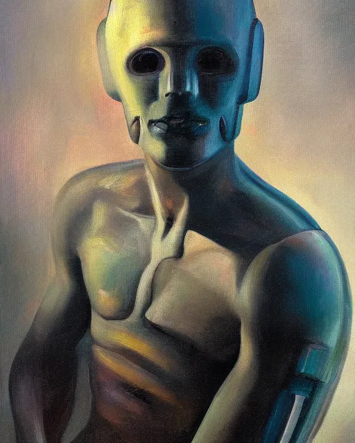 Prompt: sweet interesting portrait of a dreaming cyborg man, oil painting. HD