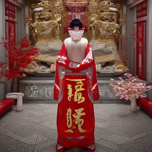 Image similar to albino Asian miko in a shintoist temple, full body, unreal engine octane, red and white, gliter, depth of field, 8k, hyper detailed, trending on artstation