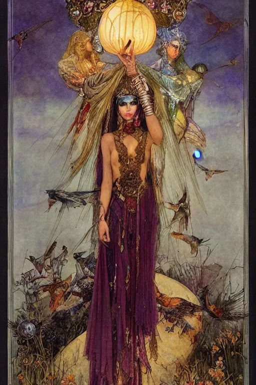 Image similar to queen of the dawn with her lantern and birds, by Luis Royo Annie Swynnerton and Nicholas Roerich Edmund Dulac, tattooed face, elaborate headdress and embroidered velvet, iridescent beetles, rich color, dramatic cinematic lighting, extremely detailed