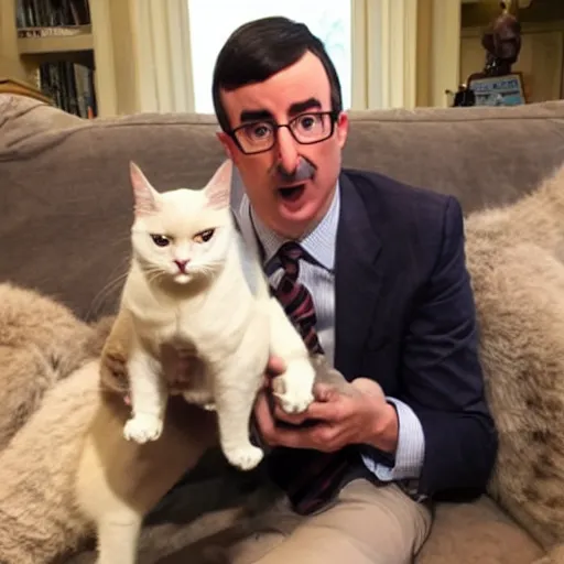 Prompt: john oliver as supreme overlord alongside his cat pudding