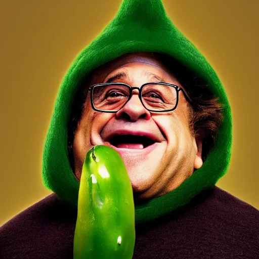 Prompt: Danny Devito dancing while wearing a pickle costume, photorealistic, fine detail, portrait, 8k hdr, photo