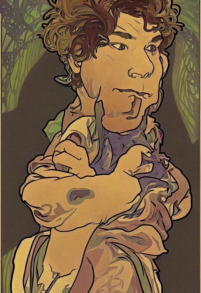 Prompt: yann lecun impersonated as shrek, in art style by alphonse mucha