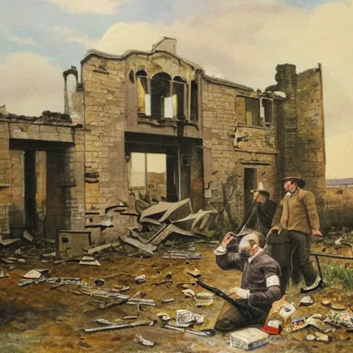 Prompt: Beautiful painting of Irish rebels smoking cigarettes inside a ruined building, General Post Office in Dublin, 4K