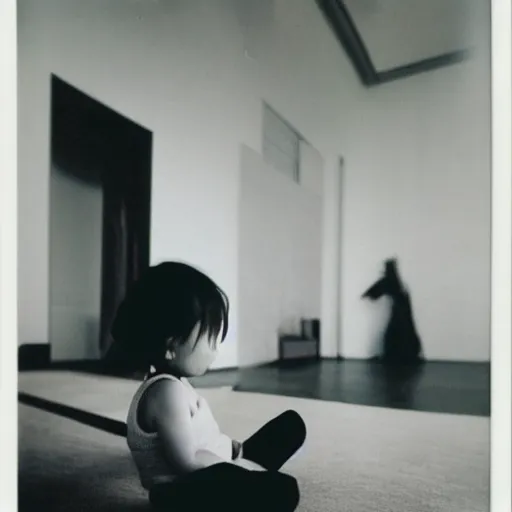 Prompt: a toddler girl sitting in a living room designed by yohji yamamoto, polaroid