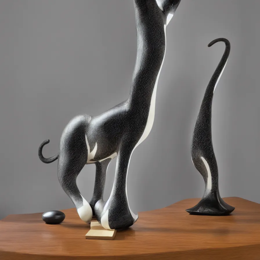 Prompt: beautiful gallery show studio photograph of a giant realistic curvy ceramic sculpture of a long cat!!!!!, glazed by bridget riley and victor vasarely, placed on a polished wooden table, colorful hyperrealism 8 k trending on artstation