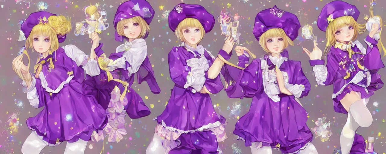 Prompt: A character sheet of full body cute magical girls with short blond hair wearing an oversized purple Beret, Purple overall shorts, Short Puffy pants made of silk, pointy jester shoes, a big billowy scarf, and white leggings. Rainbow accessories all over. Fancy Dress, Lolita Fashion, Golden Ribbon, Flowing fabric. Covered in stars. Short Hair. Art by william-adolphe bouguereau and Paul Delaroche and Alexandre Cabanel and Lawrence Alma-Tadema and Johannes Helgeson and WLOP and Artgerm. Fashion Photography. Decora Fashion. harajuku street fashion. Kawaii Design. Intricate, elegant, Highly Detailed. Smooth, Sharp Focus, Illustration, Photo real. realistic. Hyper Realistic. Sunlit. Moonlight. Dreamlike. Fantasy Concept Art. Surrounded by clouds. 4K. UHD. Denoise.
