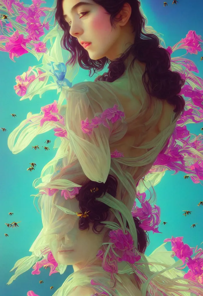 Prompt: young beautiful woman, gorgeous face, vaporwave aesthetic, synthwave, colorful, psychedelic, artstation, flowers, bees, ribbons, concept art, full - body, gown, smooth, extremely sharp detail, finely tuned detail, 8 k, unreal engine 5, ultra sharp focus, illustration, art by artgerm and greg rutkowski and alphonse mucha