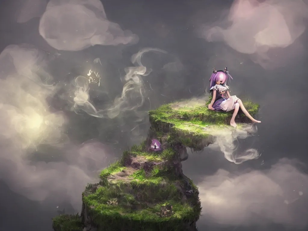 Image similar to cute fumo plush gothic maiden girl sitting on a floating island, isometric projection, wisps of smoke and volumetric fog, vignette, vray