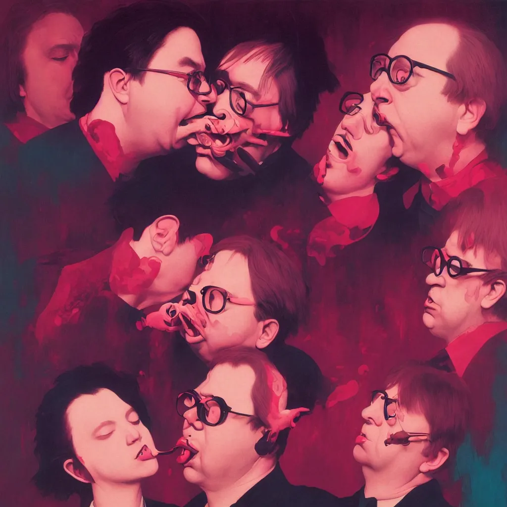 Image similar to weird and disturbing portrait of bill hicks kissing todd solondz, tongue, vivid colors, neon, art by ( ( ( kuvshinov ilya ) ) ) and wayne barlowe and francis bacon and artgerm and wlop and william - adolphe bouguereau