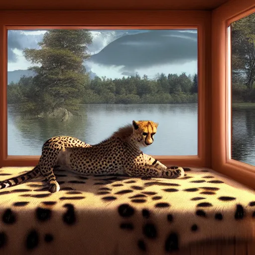 Image similar to a cheetah in a cabin by a lake, artstation, award - winning, serene,