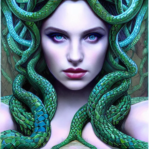 Image similar to detailed portrait of the queen of snakes, realism, pale blue, emerald, sapphire, wearing a crown of vines, nest of vipers, moonlit, dark fantasy, dramatic lighting, cgsociety, artstation