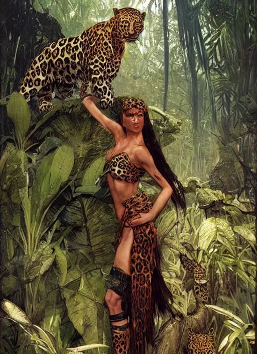 Prompt: a full body portrait of a jungle queen with a leopard, intricate, elegant, highly detailed, vivid colors, john park, frazetta, sparth, ruan jia, jeffrey catherine jones