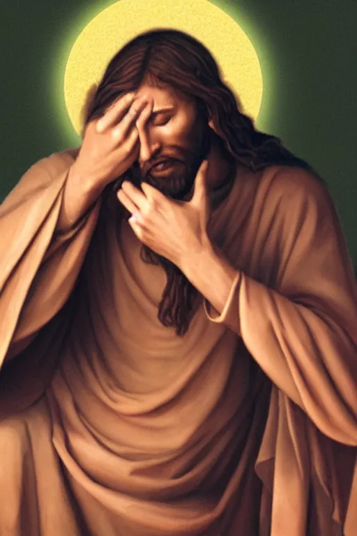 Prompt: jesus doing a facepalm, photorealistic cinematic award winning photo masterpiece