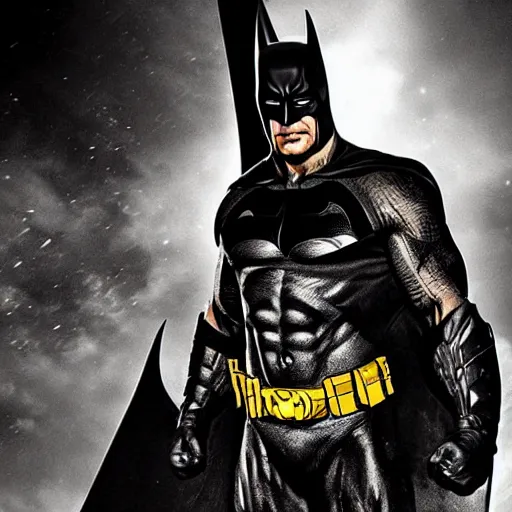 Image similar to dwayne johnson as batman, full body shot, highly - detailed, sharp focus, award - winning