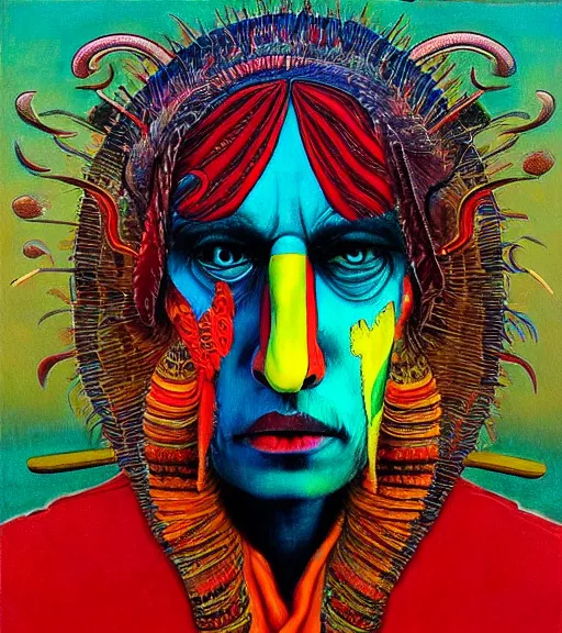 Image similar to Portrait painting in a style of Beksinski mixed with Alex Grey of an old shaman dressed in a colorful traditional clothes. Symmetry